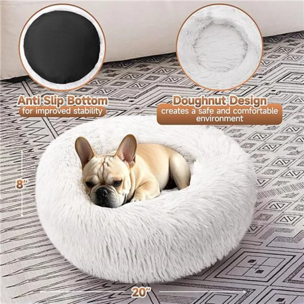 Dog Cat Bed 2 Pack Medium Donut Calming Round Fluffy Washable Pet Bed Grey White